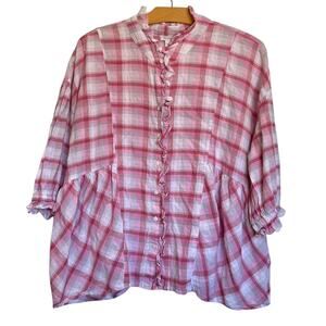 Sundance Janis Plaid Button Down Shirt Pink Puff Sleeve Ruffles Peasant Boxy L